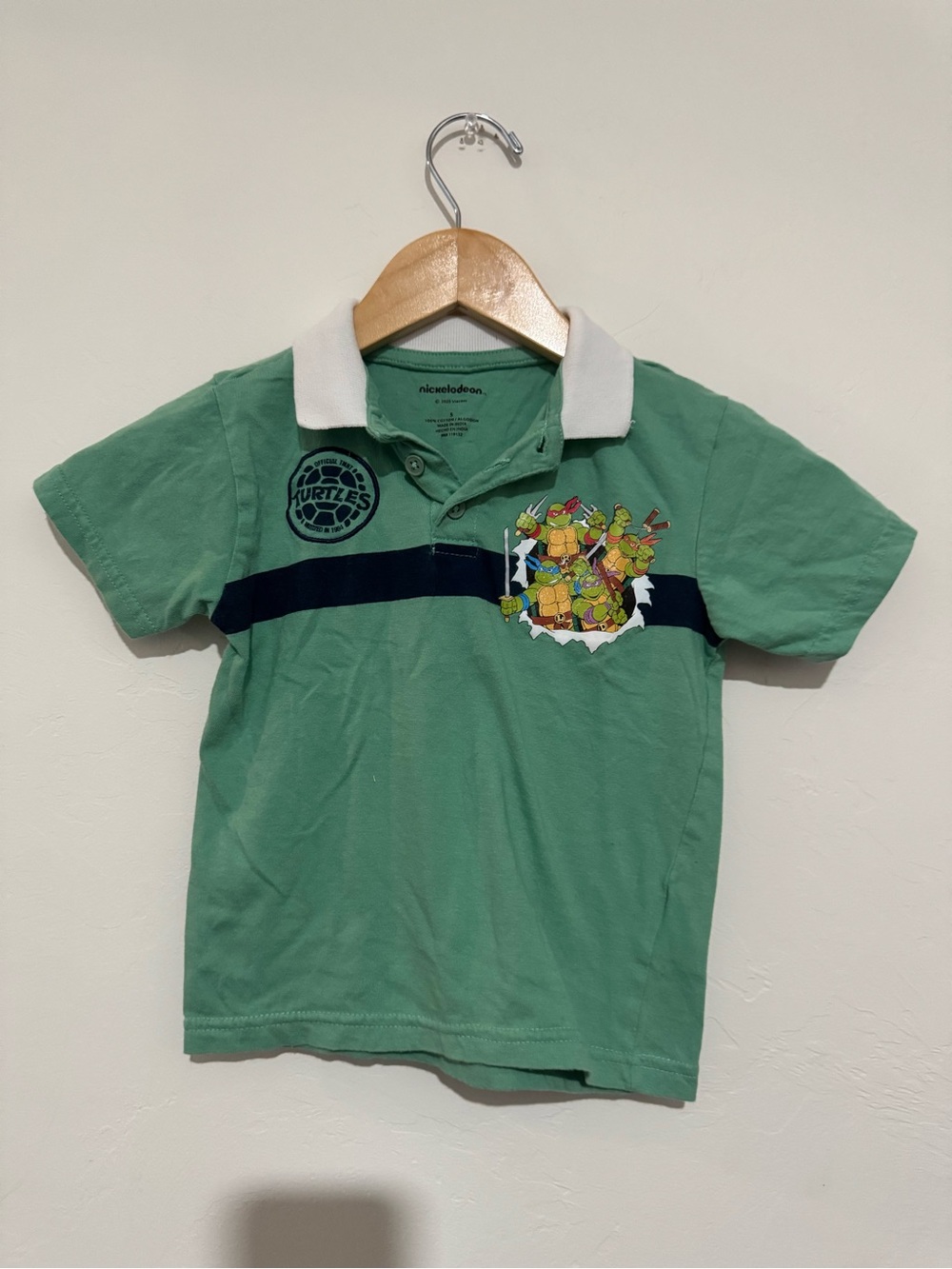 Nickelodeon Boys Size 5 TMNT Green Polo Shirt White Collar Turtles